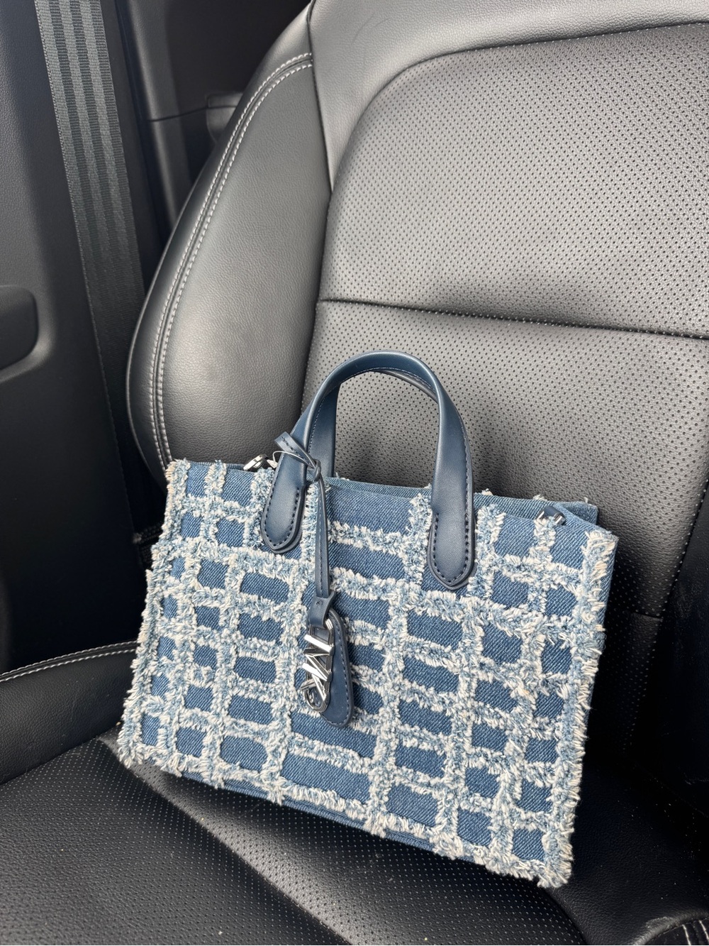 Michael Kors Denim Blue Tweed Satchel with Navy Leather Trim